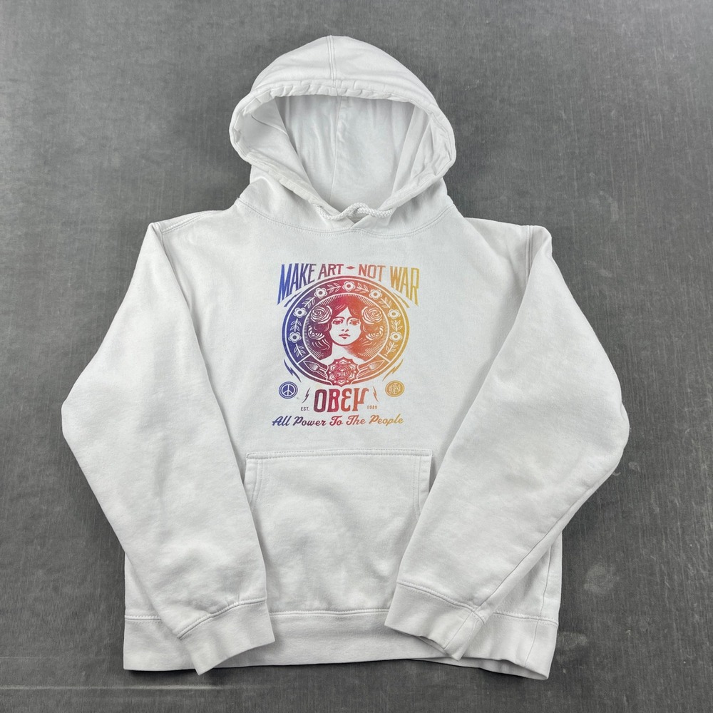 Obey Women Medium White Hoodie Make Art Not War Graphic Streetwear Pullover‎